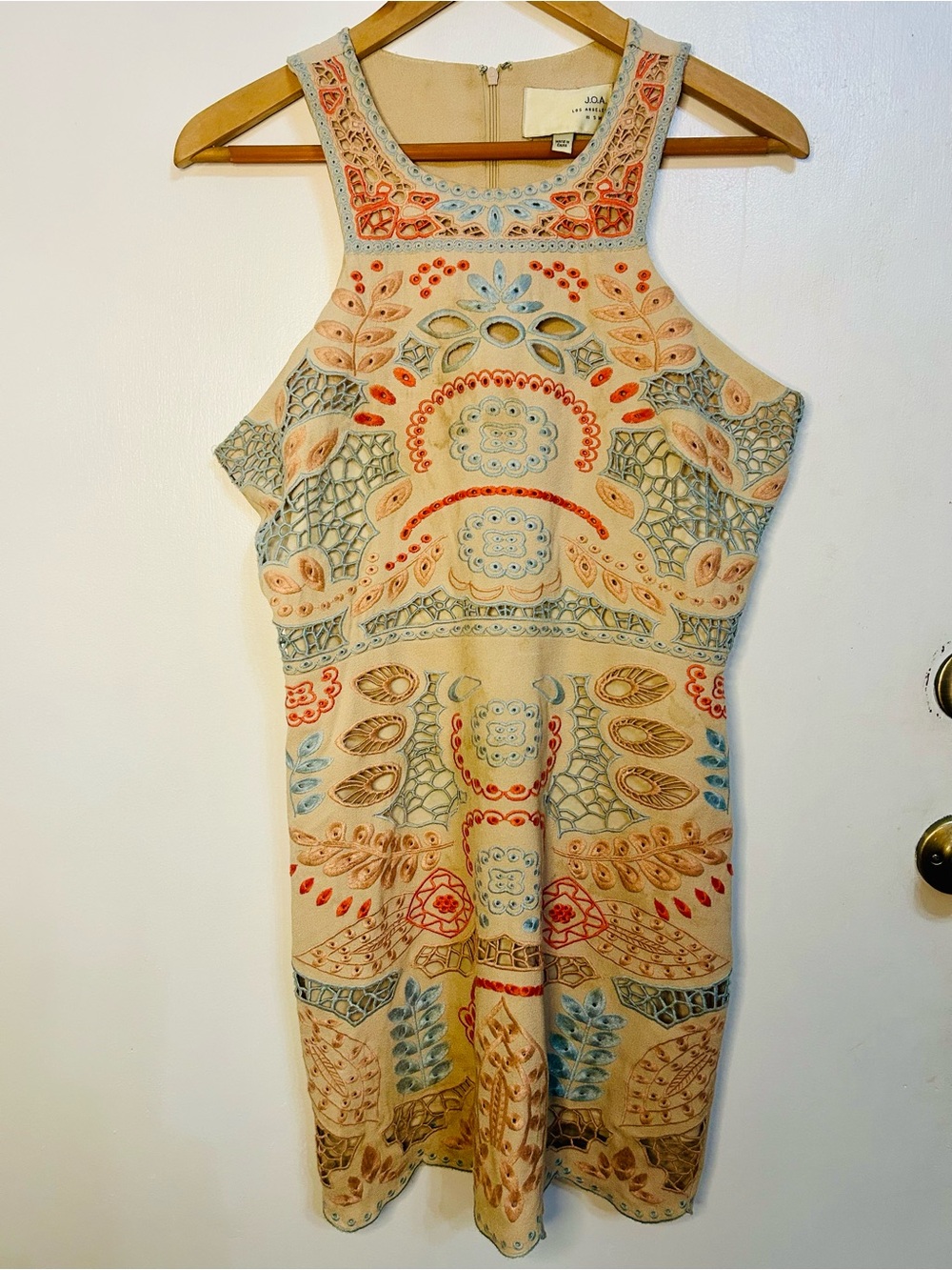 J.O.A. Cream Mini Dress with Multicolor Embroidery
